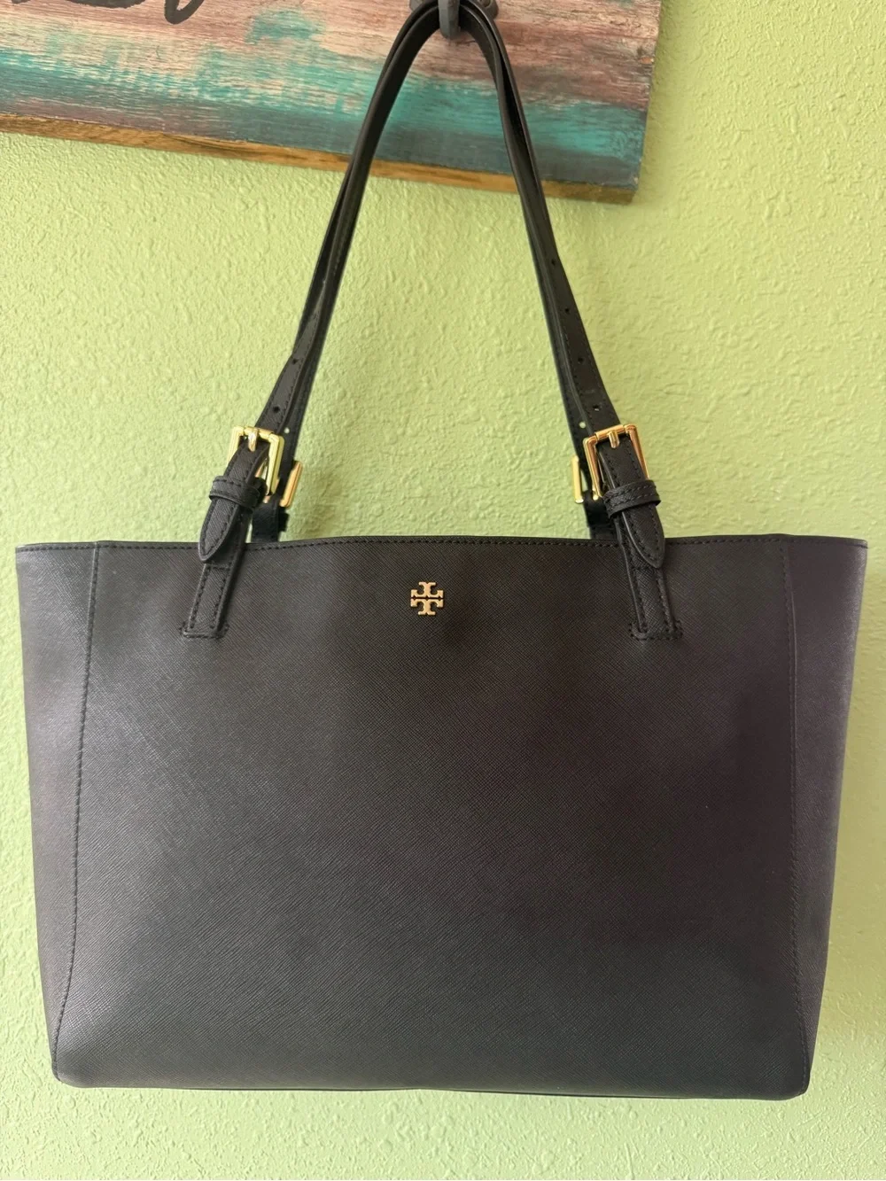 Tory Burch Black Leather Tote with Gold Logo and Buckles